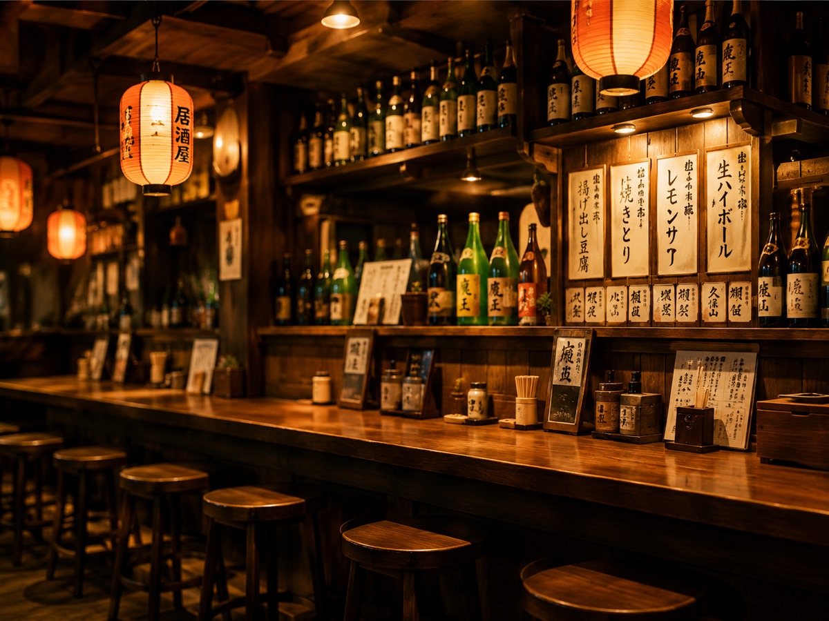 提灯が灯る居酒屋のカウンター